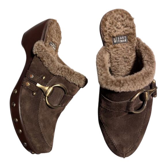 Vtg Y2K Stuart Weitzman Circuit Cola Brown Suede Shearling Lined Wedge Clogs 7 - Picture 1 of 7